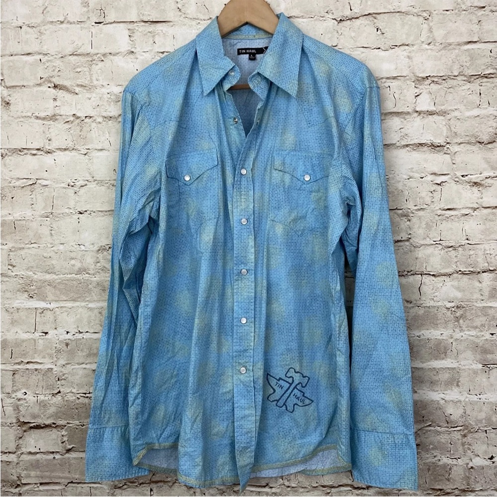 Tin Haul Men’s Large Pearl Snap Button Western Shirt 100% Cotton Blue